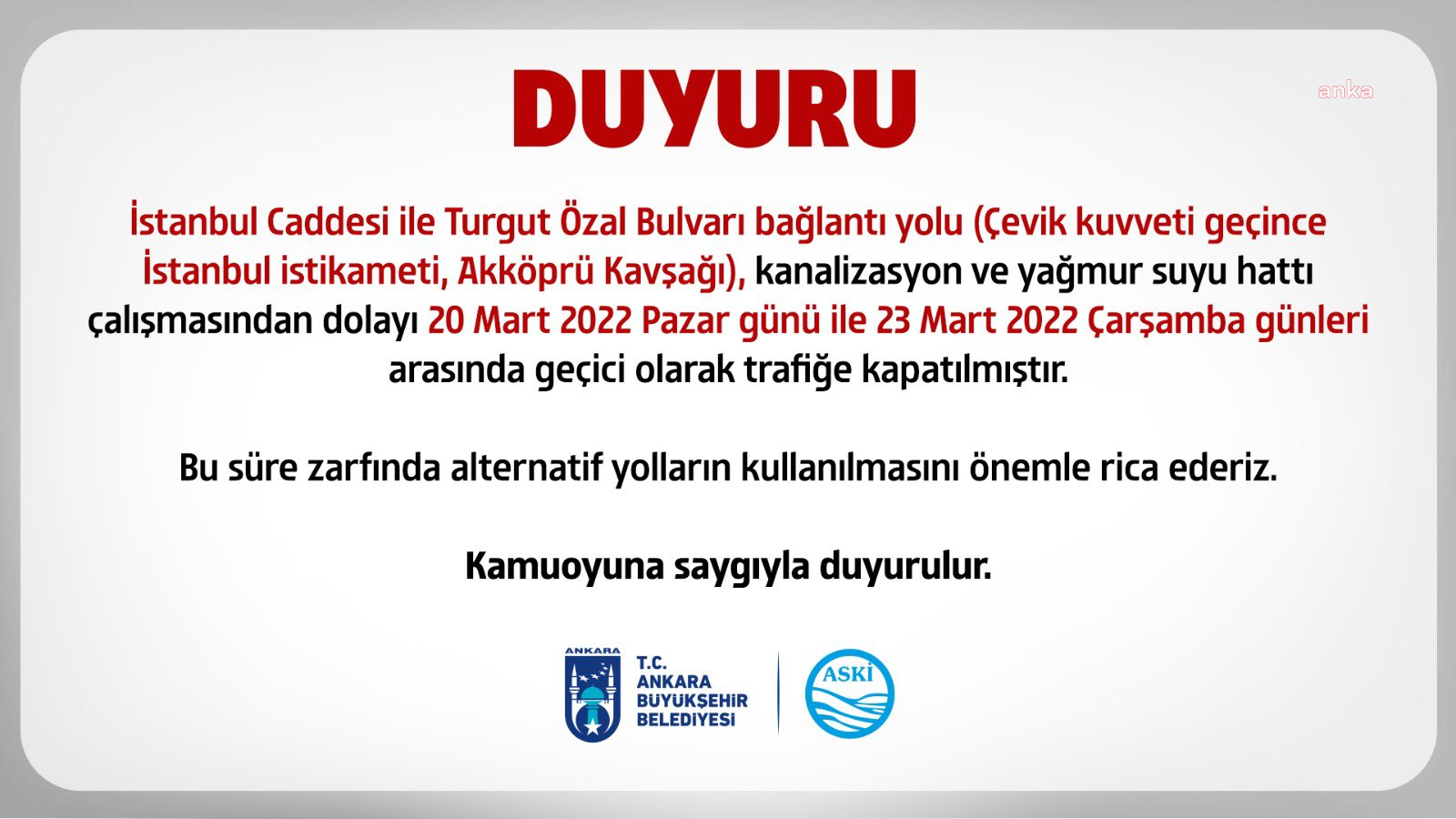 Ankara'da 23 Mart'a kadar trafiğe kapalı yol uyarısı