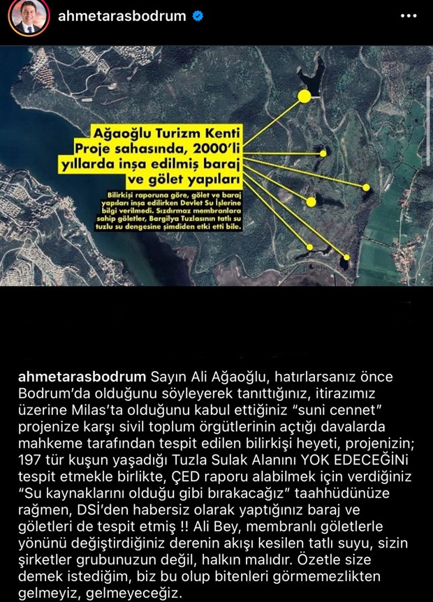 Bodrum Belediye Lideri Aras: Ali Ağaoğlu’nun projesi, doğal su kaynaklarının tarafını değiştirdi