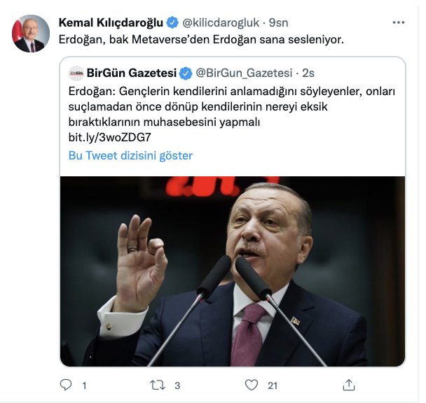 Kılıçdaroğlu: Erdoğan, bak Metaverse’den Erdoğan sana sesleniyor