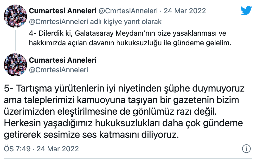 Cumartesi Anneleri'nden 'Cumartesi İnsanları' açıklaması: Dilerdik ki, Galatasaray Meydanı’nın bize yasaklanması ve hakkımızda açılan davanın hukuksuzluğu ile gündeme gelelim