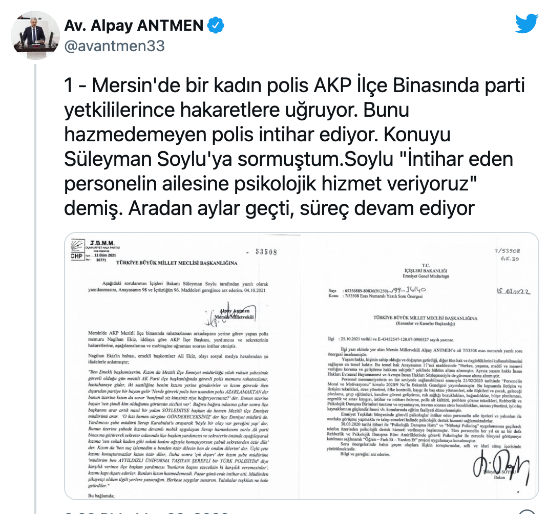 Bakan Soylu, "Polis memuru, AKP ilçe liderinin hakaretleri yüzünden mi intihar etti?" sorusuna yanıt verdi: Çalışanın ailesine ruhsal hizmet veriyoruz