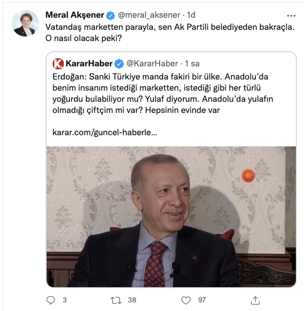 Akşener'den Erdoğan'ın manda yoğurdu açıklamasına karşılık: Vatandaş marketten parayla, sen Ak Partili belediyeden bakraçla, o nasıl olacak pekala?