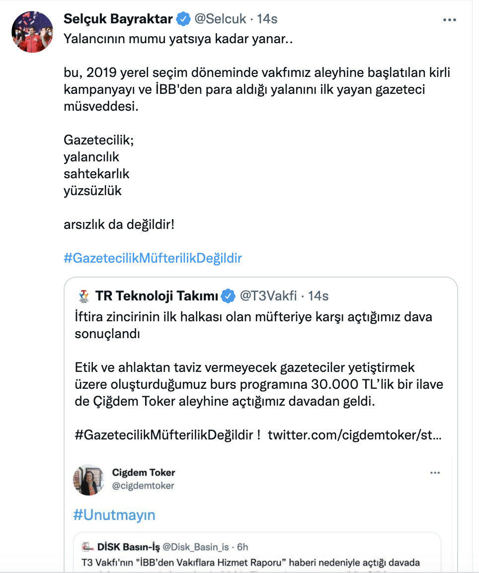 Erdoğan’ın damadı Selçuk Bayraktar, gazeteci Çiğdem Toker'i amaç gösterdi: "Gazeteci müsveddesi"