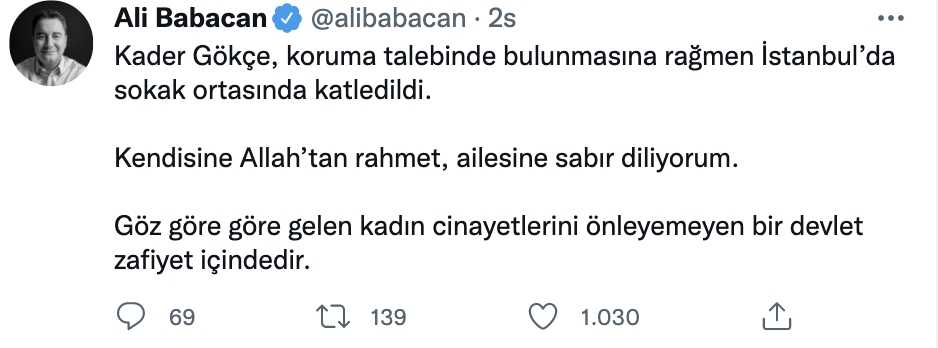 Ali Babacan: Göz nazaran göre gelen bayan cinayetlerini önleyemeyen bir devlet zafiyet içindedir