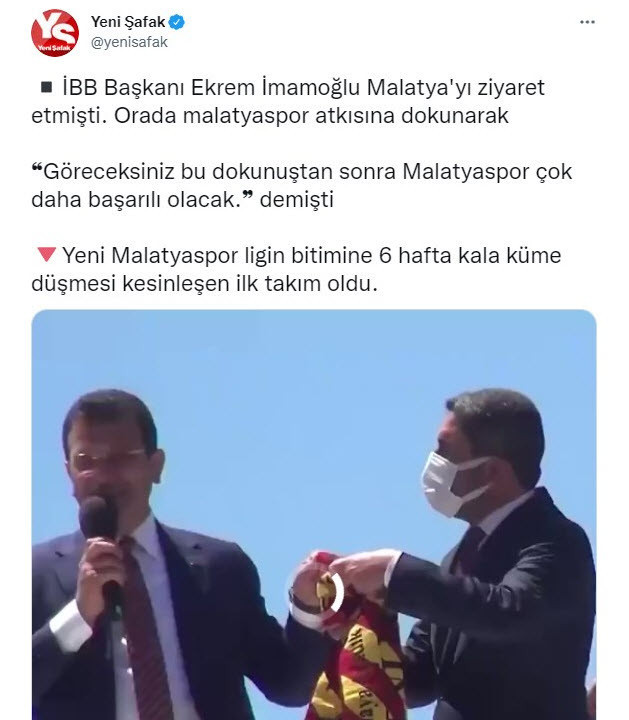Yeni Şafak, Malatyaspor'un küme düşmesini İmamoğlu'nun ziyaretine bağladı
