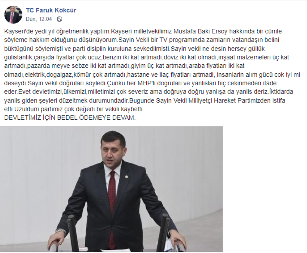 MHP’li isimden istifa eden Baki Ersoy’a dayanak: Sayın vekil doğruları söyledi