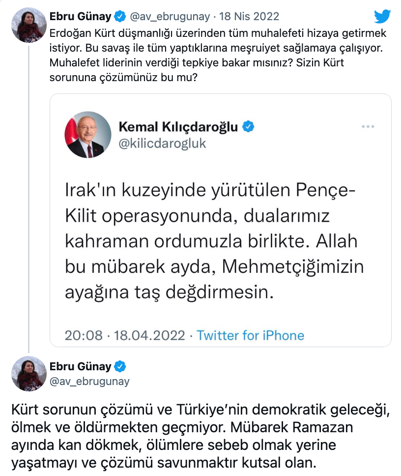 HDP'den TSK'nın operasyonuna takviye paylaşımı yapan Kılıçdaroğlu'na : Muhalefet başkanının verdiği reaksiyona bakar mısınız?