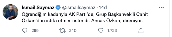 İsmail Saymaz: Öğrendiğim kadarıyla AK Parti'de, Grup Başkanvekili Cahit  Özkan'dan istifa etmesi istendi