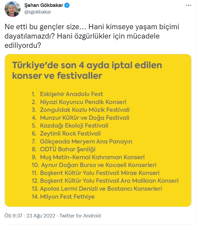 Şahan Gökbakar, Türkiye'de 'son 4 ayda iptal edilen festival ve konserlerin listesi'ni paylaştı: Hani kimseye yaşam biçimi dayatılamazdı?