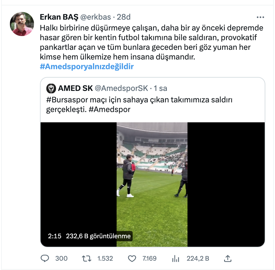 Amedspora saldırı ve Beyaz Toros, tetikçi Mahmut Yıldırım pankartları sosyal medyanın gündeminde: “Spora siyaset karıştırmayın diyenler Amedspor’a iki gündür uygulanan ırkçılığı seyrediyor”