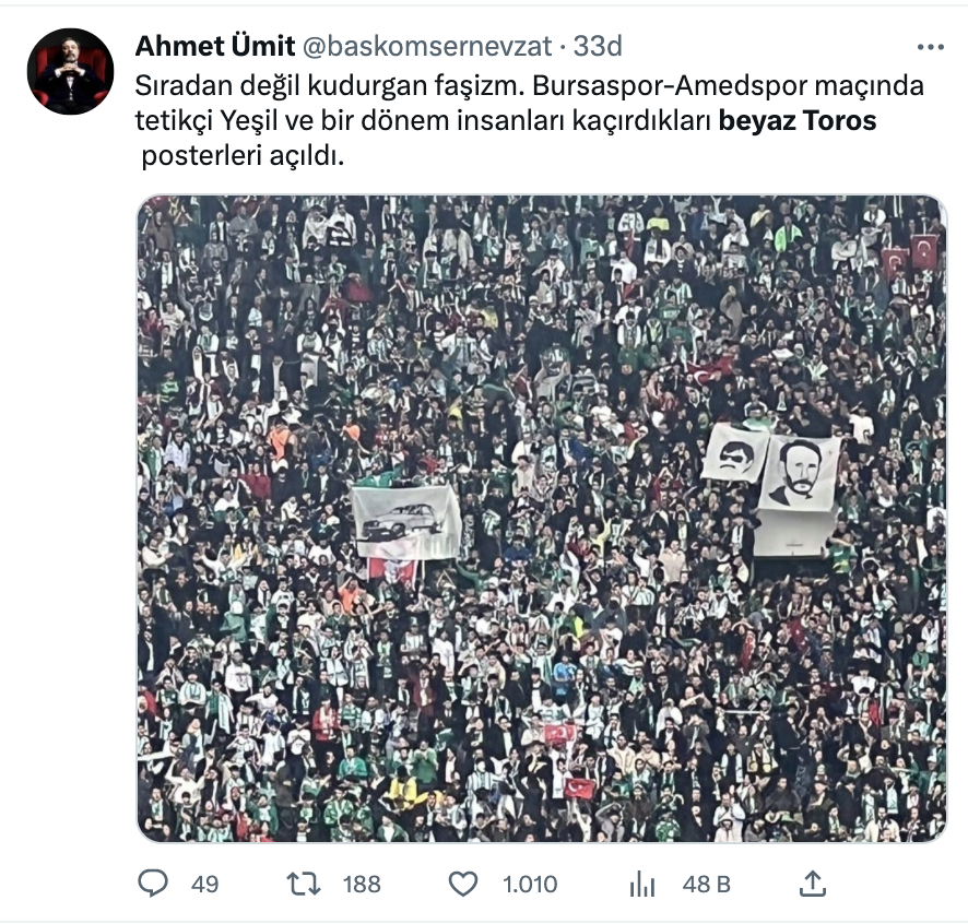 Amedspor'a saldırı ve Beyaz Toros, tetikçi Mahmut Yıldırım pankartlarına tepki: “Spora siyaset karıştırmayın diyenler iki gündür uygulanan ırkçılığı seyrediyor”