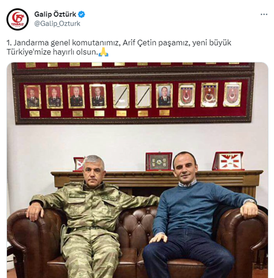 Öztürk, Çetin’in Jandarma Genel Komutanı olmasından sonra da “1. Jandarma genel komutanımız, Arif Çetin paşamız, yeni büyük Türkiye’mize hayırlı olsun” mesajını paylaşmıştı.