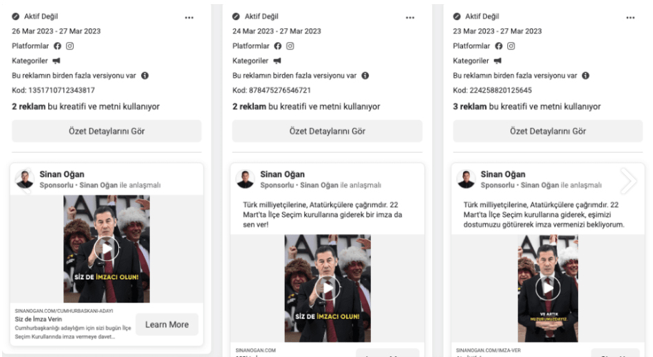 Zafer Partisi’nin başını çektiği ata ittifakının adayı Sinan Oğan, Vatan Partisi’nin adayı Doğu Perinçek ve bağımsız aday Yakup Türkal’ın da 100 bin imza toplaması gerekiyordu. Özellikle son hafta, Oğan’ın kişisel hesabından ve Vatan Partisi’nin hesabından verilen reklamlarda adaylar için imza istendi.