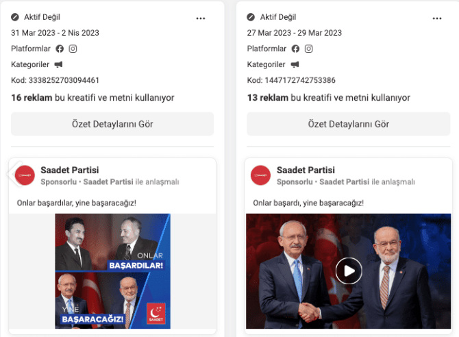 Saadet Partisi de millet ittifakı propagandasının yapıldığı ve iktidarın eleştirildiği videolara ağırlık verdi.