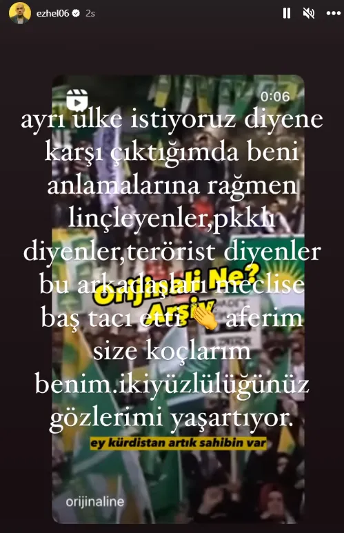 "'Ayrı ülke istiyoruz' diyene karşı çıktığımda beni anlamalarına rağmen linçleyenler, PKK'li diyenler, terörist diyenler bu arkadaşı Meclis'e baş tacı etti. Aferin size koçlarım benim. İki yüzlülüğünüz gözlerimi yaşartıyor."