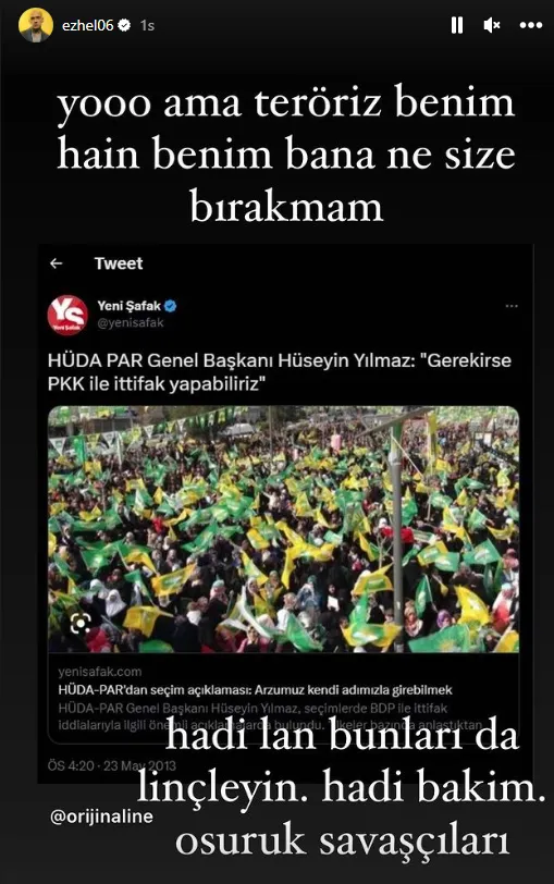 Ezhel, paylaşımında "Yok ama terörist benim, hain benim, size bırakmam. Hadi bunları da linçleyin" ifadelerini kullandı.