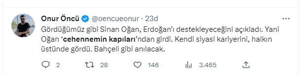 Sinan Oğan'ın Erdoğan'a desteğine tepki yağdı: "Bundan böyle ağzıyla kuş tutsa güvenilir siyasetçi olabilmesi imkansız"