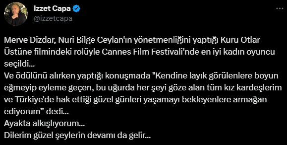 MERVE DİZDAR CANNES'TA ÖDÜLÜ ALDI, SOSYAL MEDYA AYAĞA KALKTI: "İYİ HABERLERİN BAŞLANGICI OLSUN"