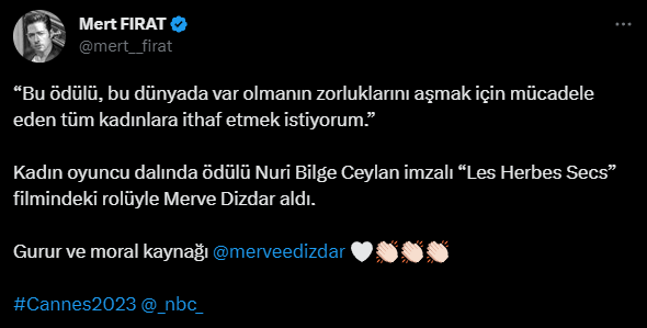 MERVE DİZDAR CANNES'TA ÖDÜLÜ ALDI, SOSYAL MEDYA AYAĞA KALKTI: "İYİ HABERLERİN BAŞLANGICI OLSUN"