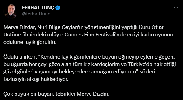 MERVE DİZDAR CANNES'TA ÖDÜLÜ ALDI, SOSYAL MEDYA AYAĞA KALKTI: "İYİ HABERLERİN BAŞLANGICI OLSUN"