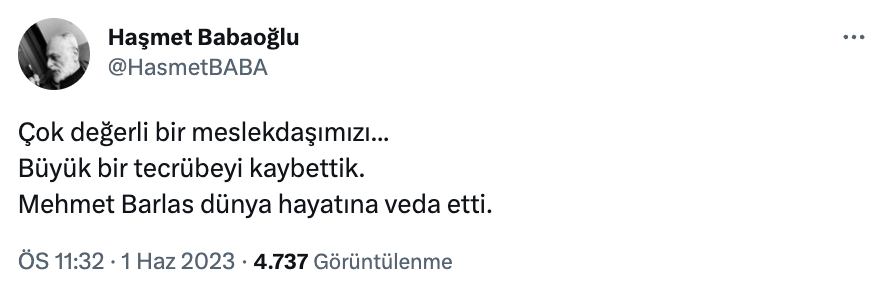 Sabah Gazetesi başyazarı Mehmet Barlas, hayatını kaybetti: "Okurlarının, ailesinin ve tüm sevenlerinin başı sağolsun"