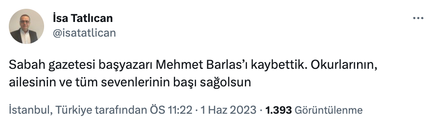 Sabah Gazetesi başyazarı Mehmet Barlas, hayatını kaybetti: "Okurlarının, ailesinin ve tüm sevenlerinin başı sağolsun"