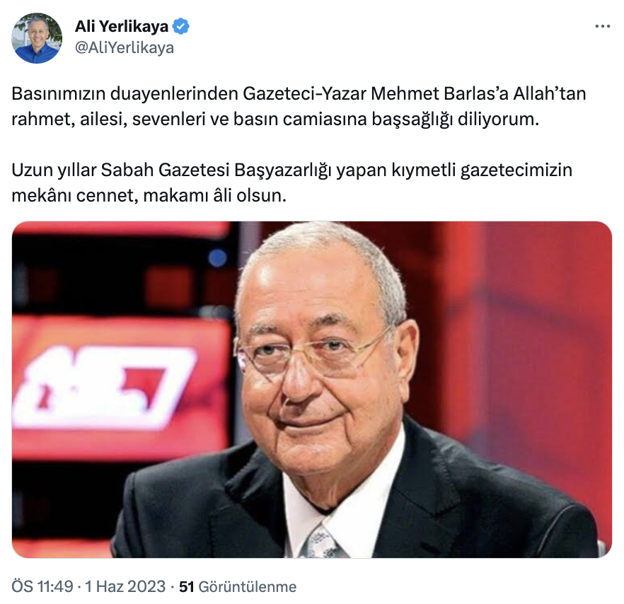 Sabah Gazetesi başyazarı Mehmet Barlas, hayatını kaybetti: "Okurlarının, ailesinin ve tüm sevenlerinin başı sağolsun"