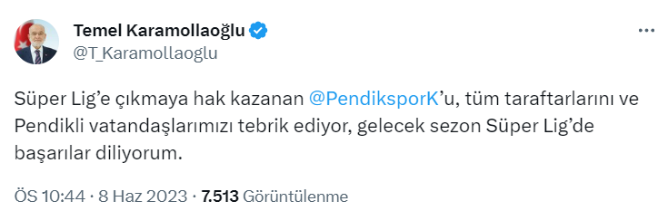 Siyasi isimlerden Süper Lig'e yüklesen Pendikspor'a tebrik paylaşımları