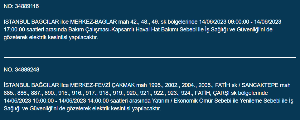 BEDAŞ, 14 Haziran Çarşamba elektrik kesintilerinin yapılacağı ilçeleri açıkladı