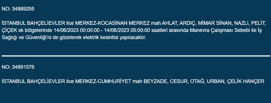 BEDAŞ, 14 Haziran Çarşamba elektrik kesintilerinin yapılacağı ilçeleri açıkladı