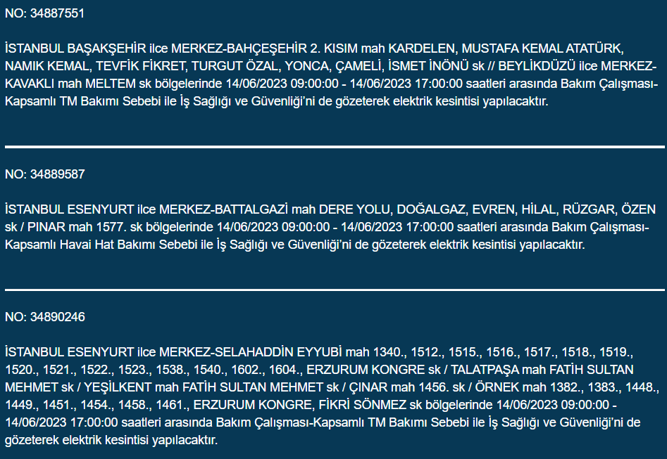 BEDAŞ, 14 Haziran Çarşamba elektrik kesintilerinin yapılacağı ilçeleri açıkladı