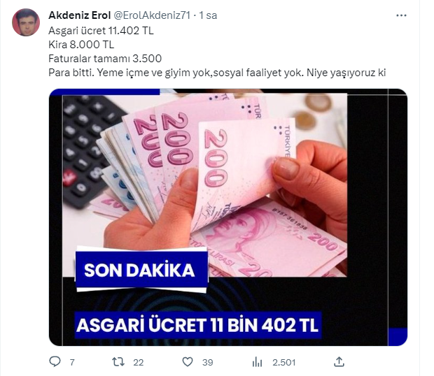 Yeni asgari ücret sosyal medyada gündem oldu: Asgari ücret 11 bin 402 TL, kira 8 bin TL, faturalar tamamı 3 bin 500 TL; para bitti
