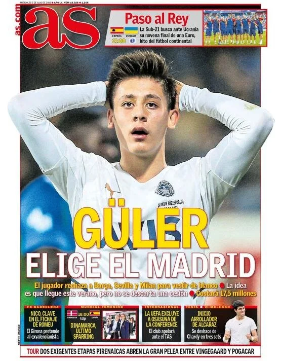 "Güler, Madrid'i seçti." | "Oyuncu, Beyaz formayı giymek için Barça, Sevilla ve Milan'ı reddetti. Fikir, bu yaz gelmesi yönünde ancak kiralık transferi de göz ardı edilmiyor."