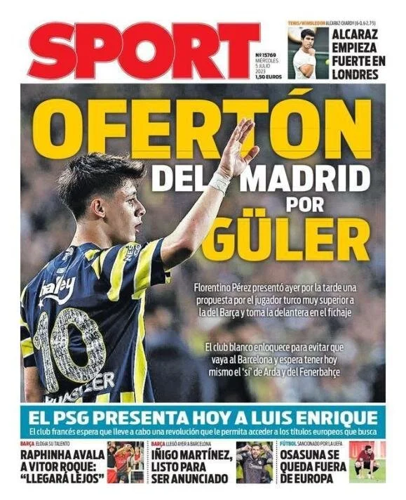 "Madrid'den Güler teklifi" | "Florentino Perez, öğleden sonra Türk oyuncu için Barça'nın teklifinden çok daha yüksek bir teklif sundu ve transferde öne geçti. Arda'nın Barcelona'ya gitmesini engellemek için çıldıran Real Madrid, bugün Arda ve Fenerbahçe'nin 'evet' demesini umuyor."