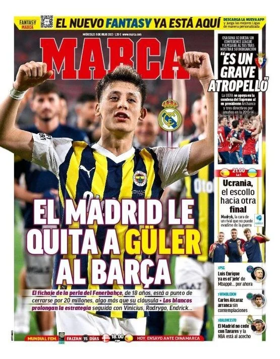 "Madrid, Güler'i Barça'nın elinden aldı." | "Fenerbahçe'den transferi 20 milyon euro gibi bir bonservisten daha yüksek bir rakama kapatmak üzere olan Beyazlar; Vinicius, Rodrygo, Endrick gibi oyuncularla izlediği stratejiyi devam ettiriyor."