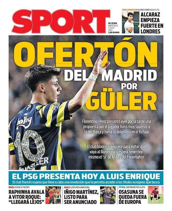 İspanyol gazeteleri “Fenerbahçe’nin 18 yaşındaki incisi, bonservis bedelinden biraz fazlasıyla 20 milyon avroya Real Madrid’e gelmek üzere. Real Madrid Kulüp Başkanı Florentino Perez, dün akşam Türk futbolcuya Barça’dan çok daha yüksek bir teklif götürdü. Fenerbahçe ve Arda Güler’den bugün onay gelmesini bekliyor. Transferi sonlanmaya yakın.” diye yazdı.