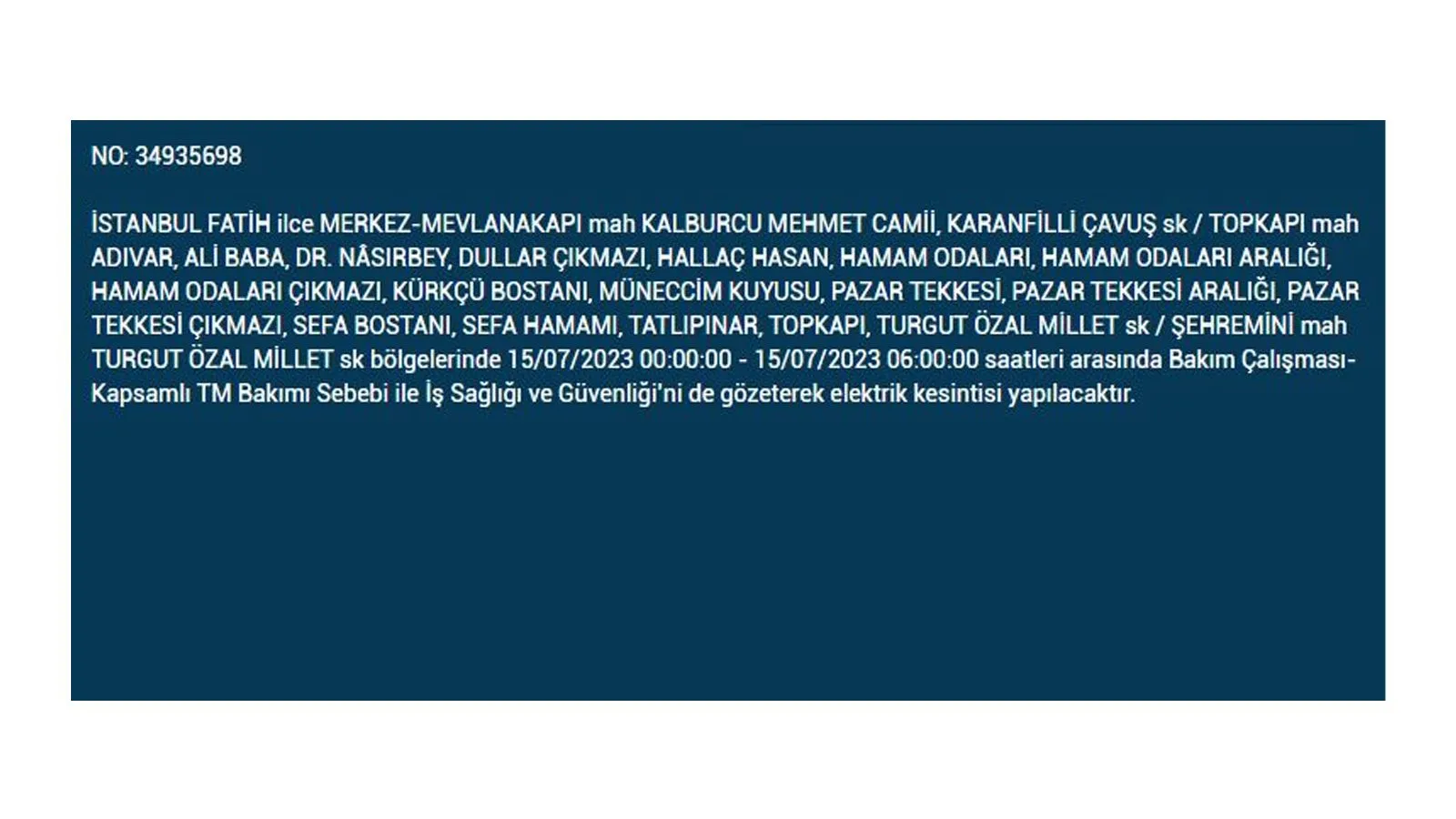 BEDAŞ, 15 Temmuz Cumartesi elektrik kesintilerinin yapılacağı ilçeleri açıkladı