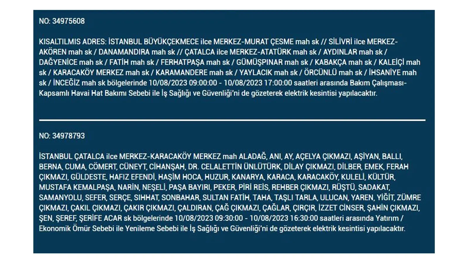 BEDAŞ açıkladı: 10 Ağustos Perşembe elektrik kesintilerinin yapılacağı ilçeler