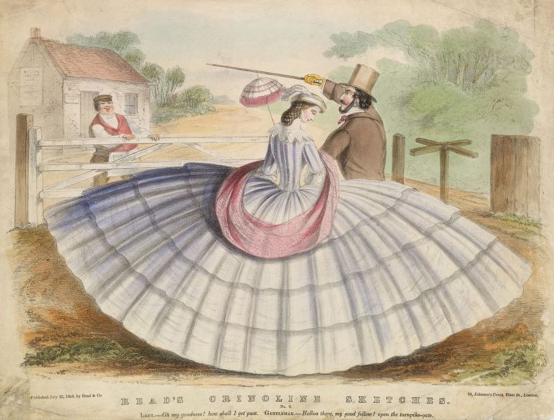 Read'in 1859 tarihli Çember Etek Eskizleri'nden: Erkek çember etekli kadının girebilmesi için geniş kapının açılmasını istiyor