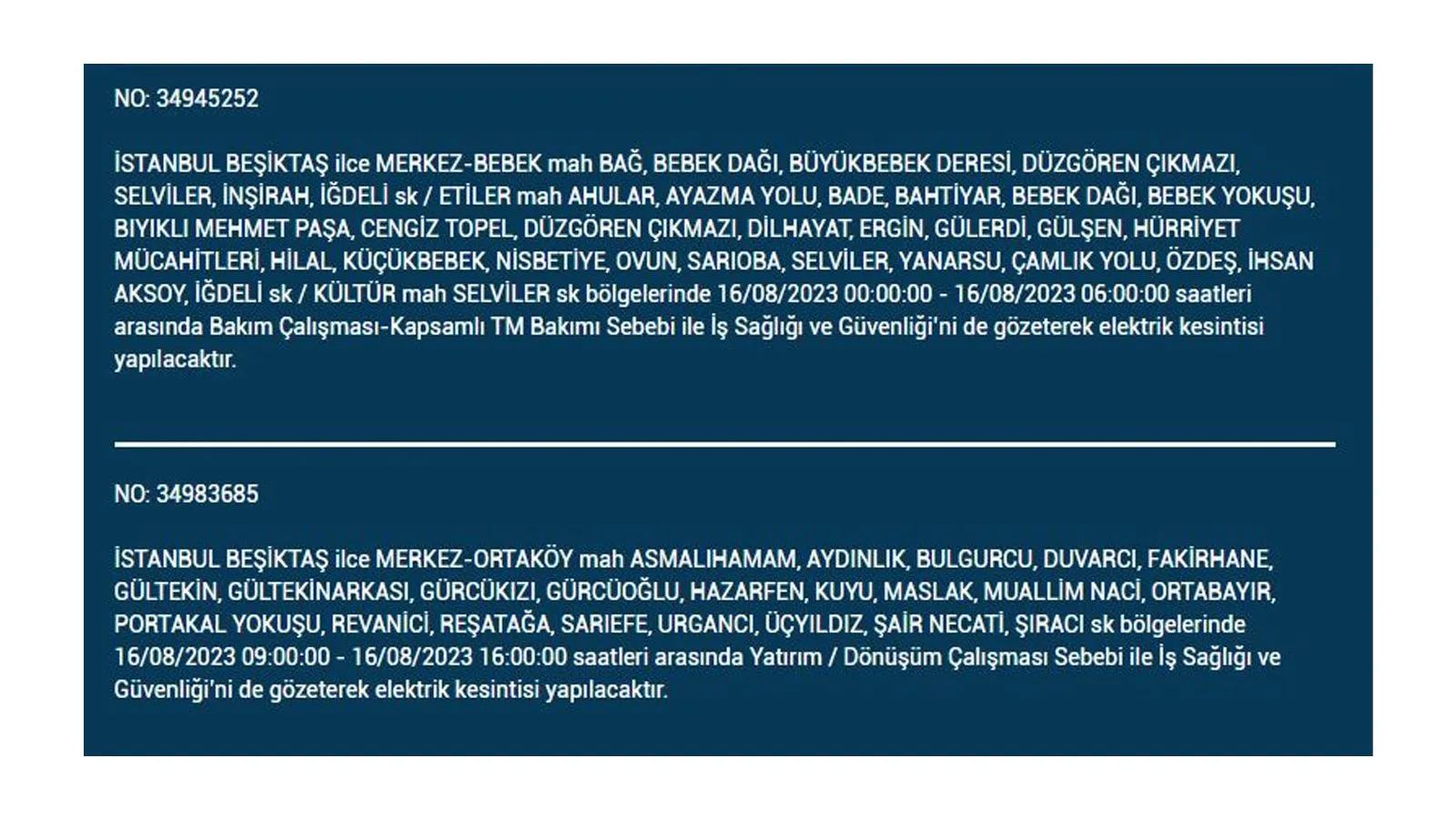 BEDAŞ açıkladı: 16 Ağustos Çarşamba elektrik kesintilerinin yapılacağı ilçeler