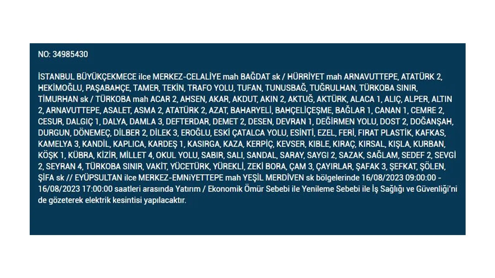 BEDAŞ açıkladı: 16 Ağustos Çarşamba elektrik kesintilerinin yapılacağı ilçeler