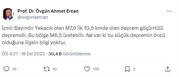 Sosyal medya hesabından açıklama yapan Ercan şu ifadeleri kullandı: "İzmir'de bugün meydana gelen 4.2 büyüklüğündeki depremin ardından Deprem Uzmanı ve Jeofizik Yüksek Mühendisi Prof. Dr. Ahmet Ercan, paylaşımda bulundu. Ercan, bu bölgenin 6,5 büyüklüğünde deprem üretebilecek potansiyelde olduğunu dile getirdi"