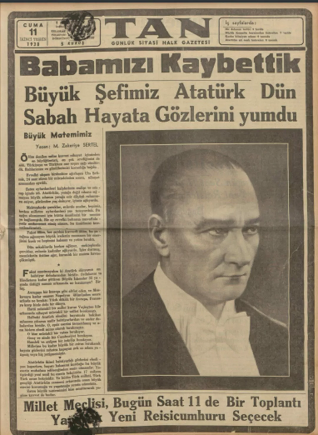 11 Kasım 1938 Tan Gazetesi'nin manşeti "Babamızı Kaybettik"