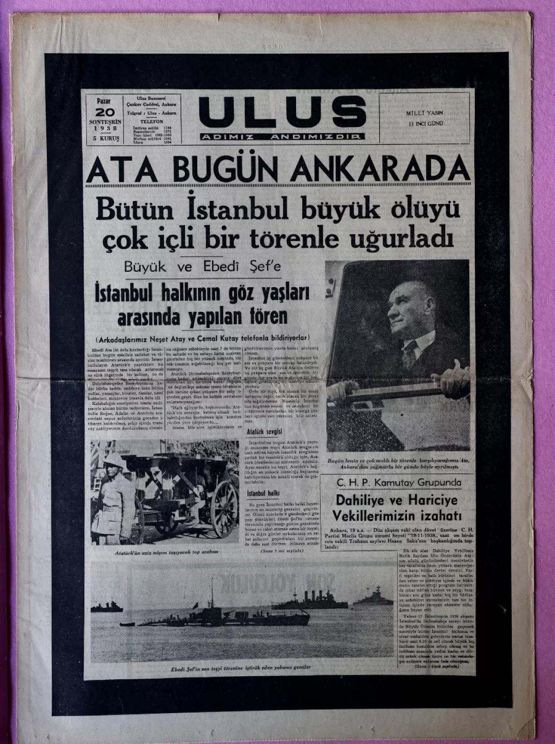 20 Kasım 1938 Ulus Gazetesi'nin manşeti "Ata Bugün Ankara'da"