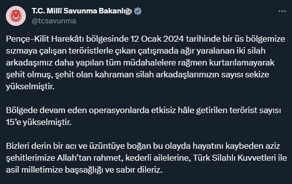 MSB: Pençe-Kilit Harekâtı bölgesindeki çatışmada şehit sayısı 9'a yükseldi