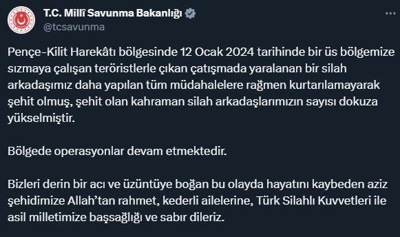 MSB: Pençe-Kilit Harekâtı bölgesindeki çatışmada şehit sayısı 9'a yükseldi