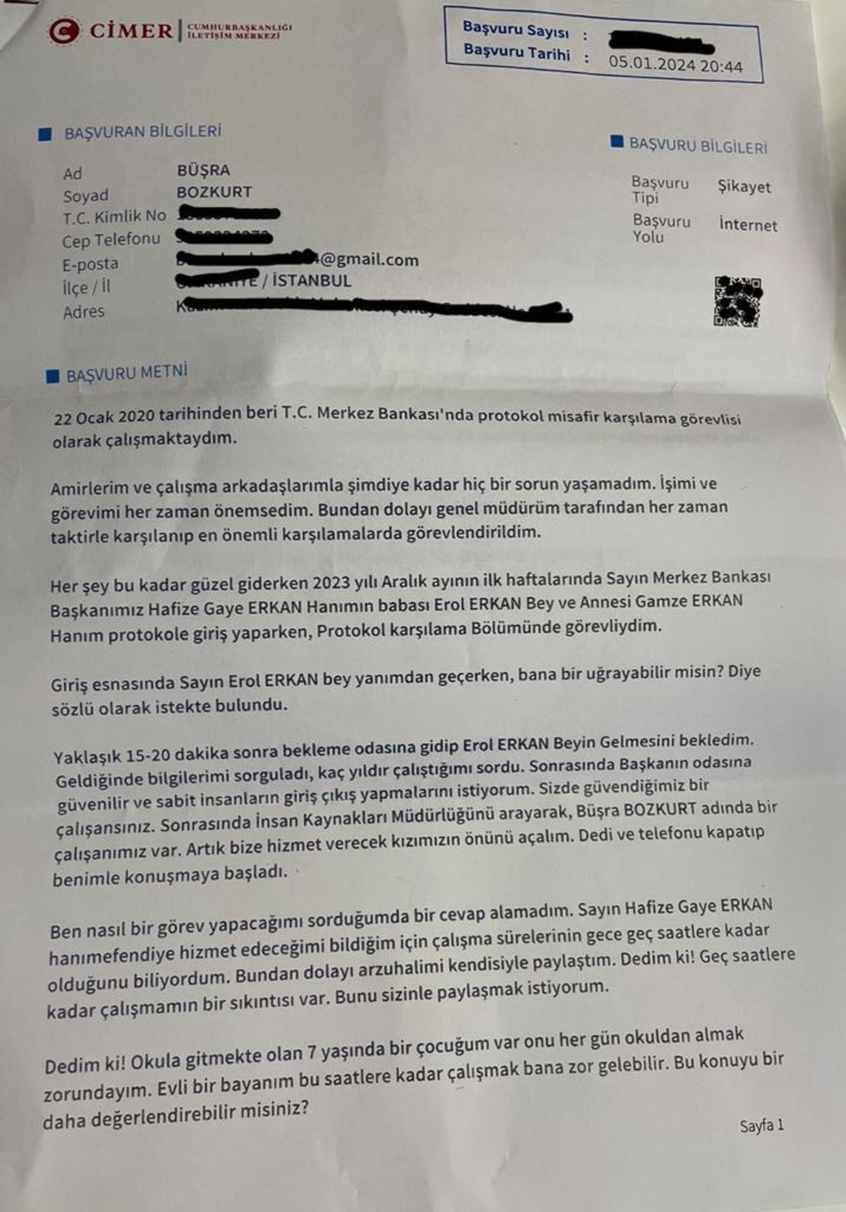 Merkez Bankası çalışanı CİMER'e yazdı: Hafize Gaye Erkan'ın babası tarafından işten çıkartıldım - Resim : 1