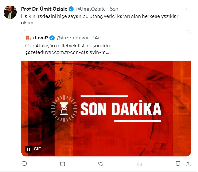 Can Atalay'ın milletvekilliğinin düşürülmesine tepki yağdı: "Özgürlüğünü çalanlar, milletvekilliğini de çaldı!"