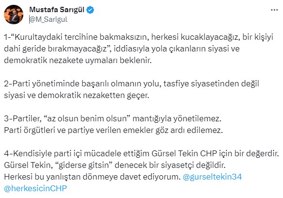 Mustafa Sarıgül'den CHP'ye Gürsel Tekin çağrısı - Resim : 1