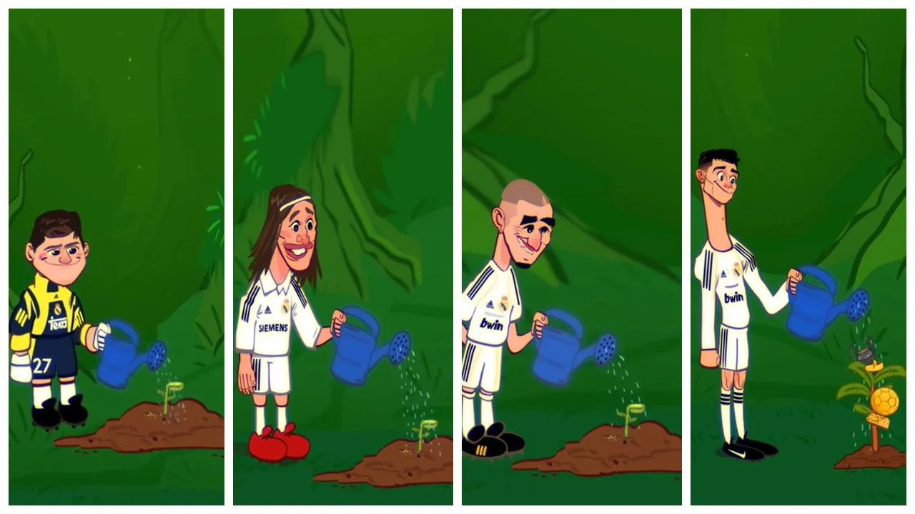Animasyon, kulübe genç yaşta katılan Casillas, Ramos, Benzema ve Ronaldo'nun fidanlarını suladıklarını sahnelerle devam ediyor.